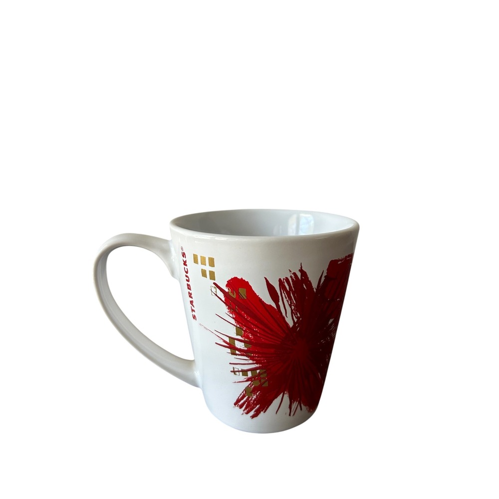 Starbucks 2014 Ceramic White Red Gold Holiday Starburst Abstract Poinsettia Mug
